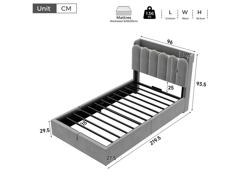  Lit enfant simple 90×200 cm avec coffre, usb, type-c et lampe de lecture - okmyhome- velours gris, sans matelas  - Conforama D