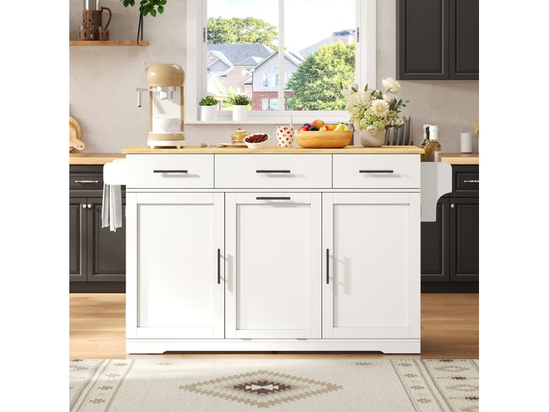  Desserte de cuisine mobile 136 x 75 x 92 cm, plateau rabattable, blanc et naturel  - Conforama B