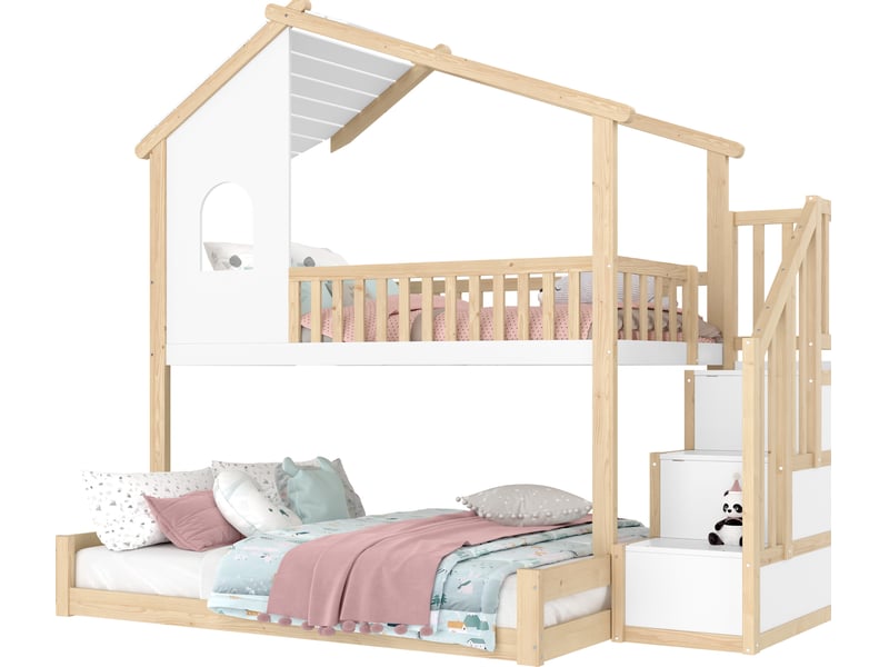  Lit superposé enfant 90x200 et 140x200 cm avec escalier de rangement, naturel et blanc  - Conforama A