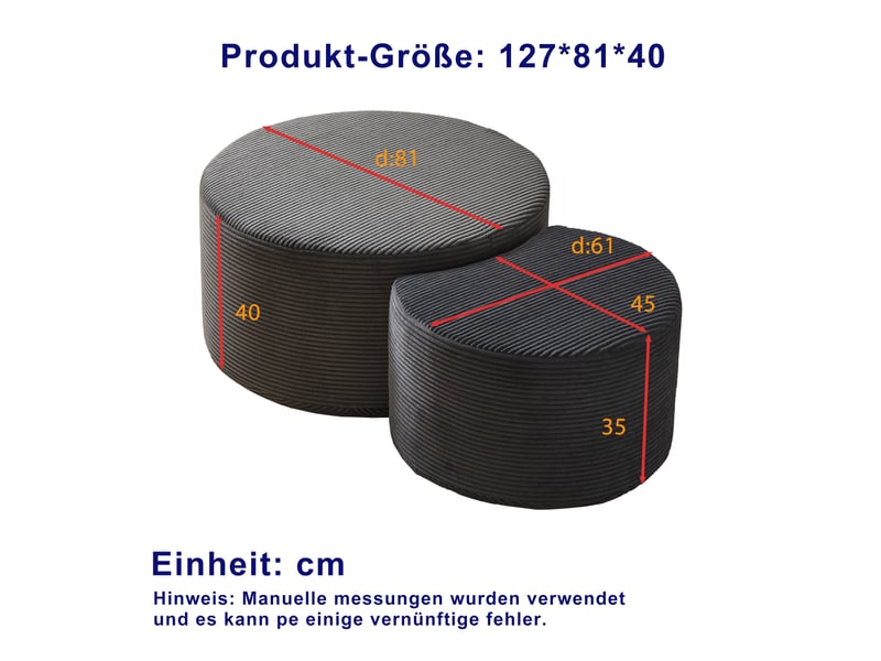  Tables basses gigognes lot de 2 rondes rembourrées, fonction ottomane et table d'appoint, pour salon, en tissu, noir - uvrion  - Conforama E