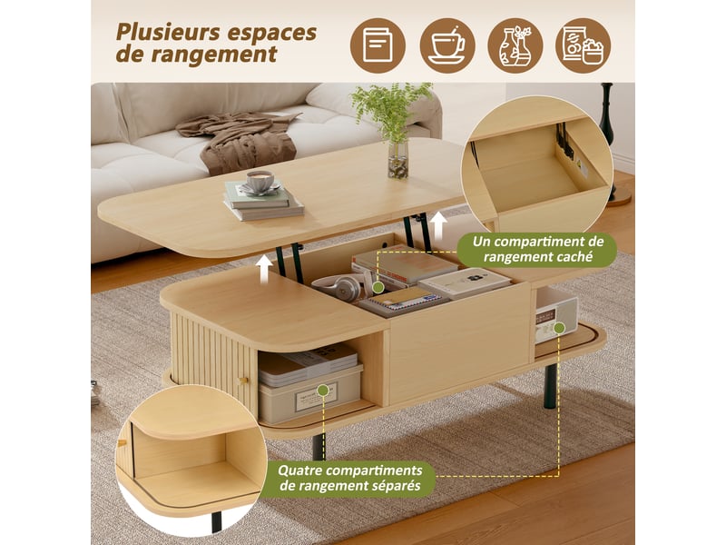 Table basse relevable 101x51 cm, coffre de rangement et 2 portes coulissantes, pieds en métal, mdf, décor bois naturel - Conforama E