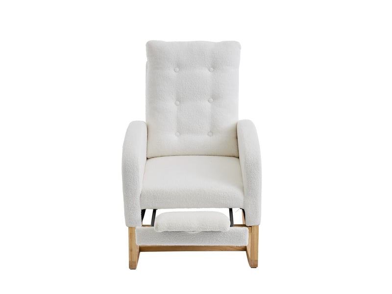 Fauteuil à bascule avec repose-pieds coulissant, ports usb et usb-c, poches latérales en bouclé blanc - Conforama A