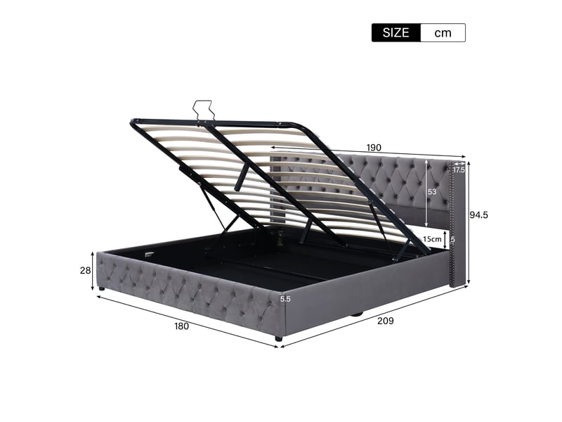 Lit coffre capitonnés 180x200 cm en velours gris, tête à oreilles et pied de lit , double rangée de rivets, coffre hydraulique, sommier à lattes Morn Vibe - Conforama C