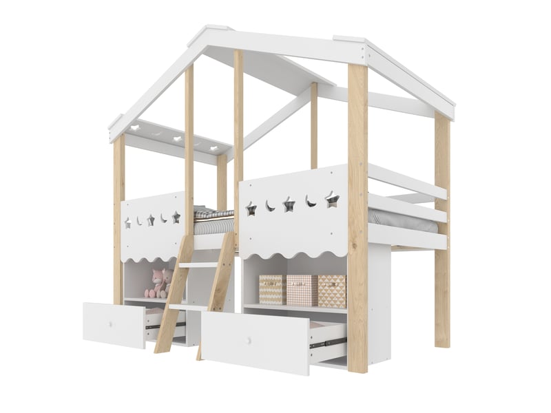  Lit semi-hauteur enfant 90x200 cm maison avec led et 2 tiroirs blanc naturel  - Conforama A