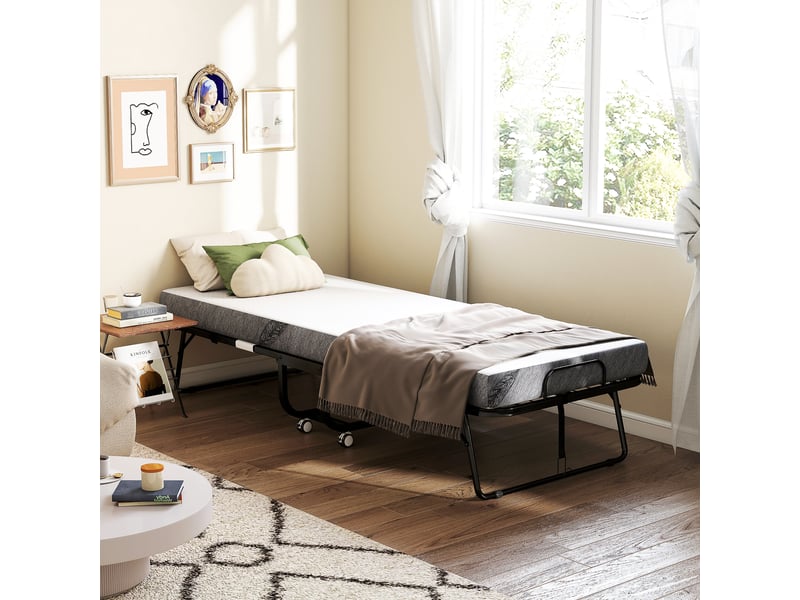  Lit pliant 1 personne 200 x 80 cm avec matelas, lit d'appoint pliable et portable sur roulettes, cadre en acier, blanc  - Conforama D