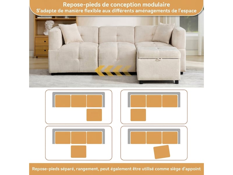  Canapé 3 places d'angle en l avec rangement - tissu chenille beige - pouf amovible et 2 coussins  - Conforama D