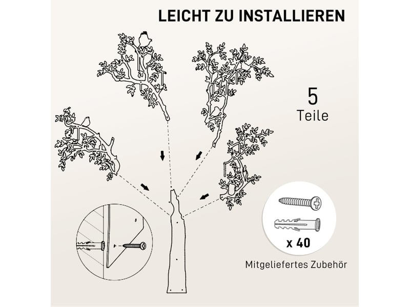 Porte-manteau mural en métal 120 x 175 cm – noir – design arbre avec oiseaux, 8 crochets - Conforama E