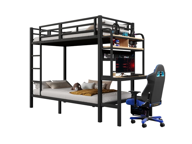  Lit superposé enfant 90x200 cm avec bureau intégré, étagères, led multicolore via app, usb, garde-corps et échelle, métal noir Radiant Stride - Conforama A