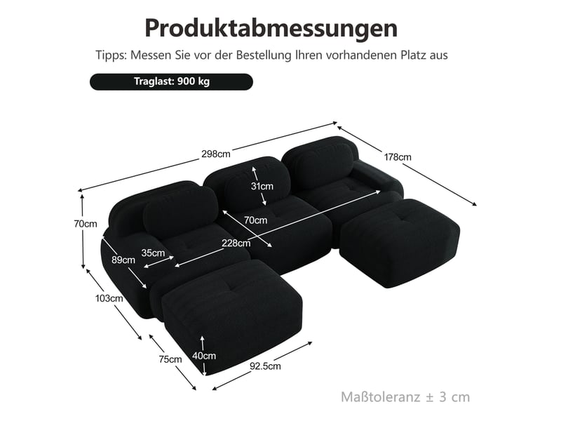  Canapé modulaire en u 298x178x70 cm, dossier et accoudoirs confortables, sans assemblage, finition velours côtelé noir  - Conforama C