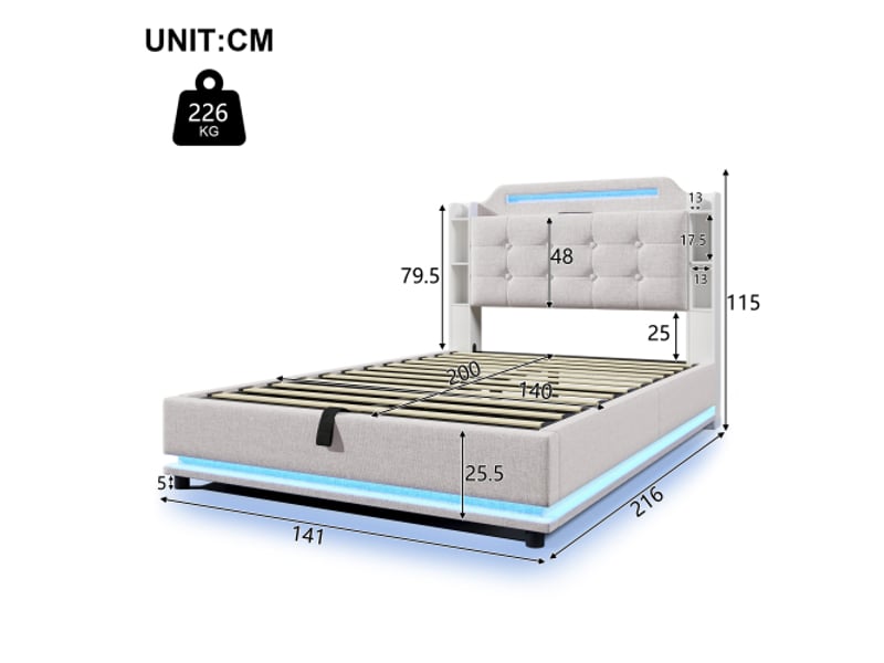  Lit rembourré, 140 x 200 cm, avec bande lumineuse led, rangement hydraulique, multiples compartiments de rangement, sans matelas, usb + type-c, lin, beige  - Conforama C