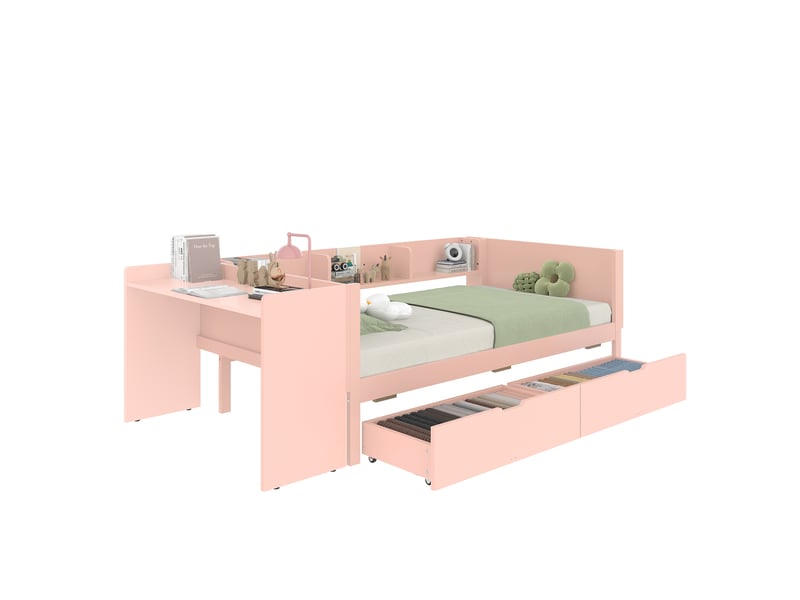  Lit enfant 90x200 cm avec bureau, étagères et 2 tiroirs rose  - Conforama A