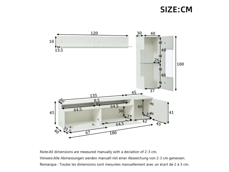  Ensemble meuble tv mural blanc laqué 3 pièces avec led pour écran 80 pouces  - Conforama C