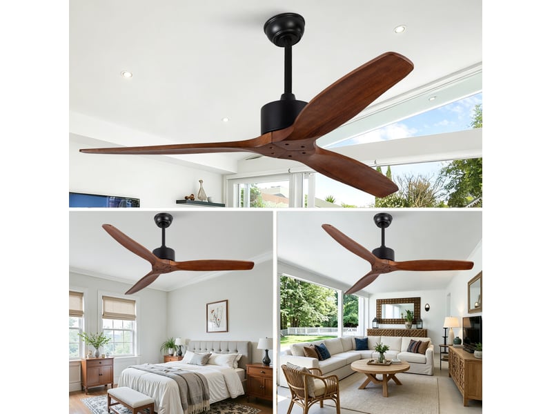  Ventilateur de plafond 52 pouces 3 pales en bois foncé et noir, sans lumière, télécommande, 6 vitesses, réversible  - Conforama E