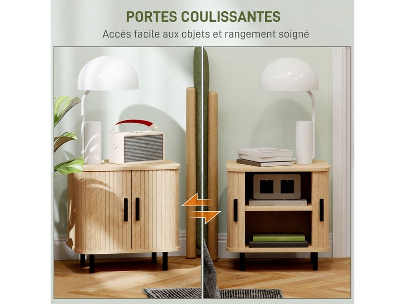  Table de chevet avec portes coulissantes à lattes, 2 compartiments, pieds acier, aspect chêne, 48 x 40 x 48 cm  - Conforama E
