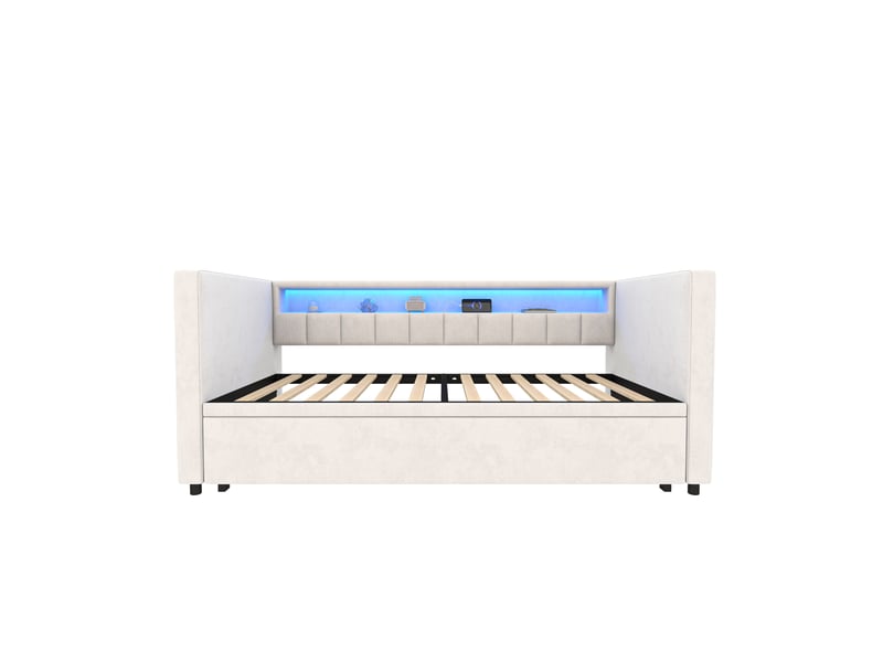 Canapé-lit convertible velours beige 90x190 cm avec led usb-c rangement multifonctionnel - Conforama A