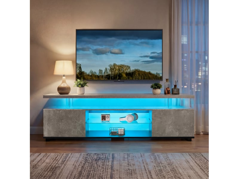  Meuble tv tcqpz 130 x 40 x 48 cm pour tv 60 pouces led multicolore rangement gris et noir  - Conforama D