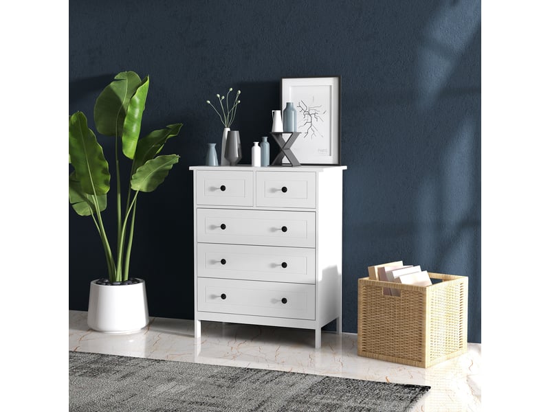  Commode à 5 tiroirs en bois gain de place et anti-basculement, 74 x 40 x 91 cm, blanche  - Conforama D