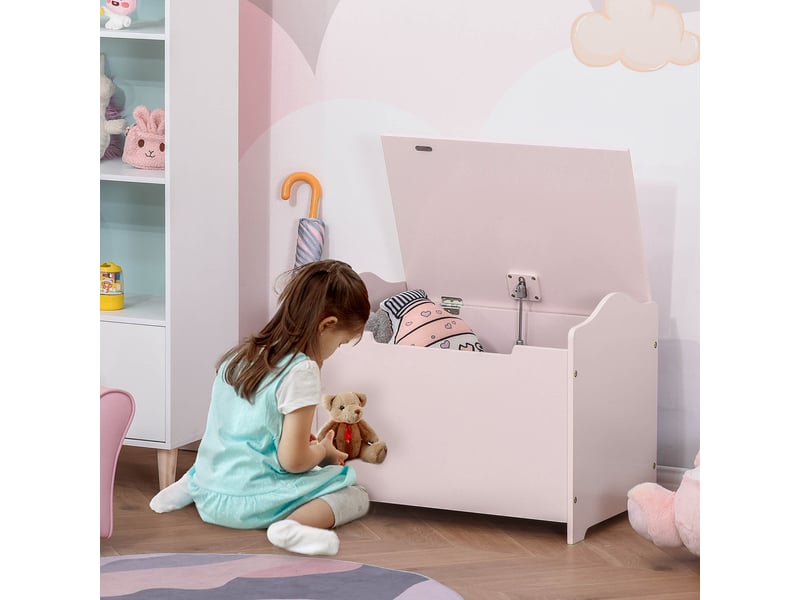  Banc de rangement en bois pour jouets, banc de rangement pour chambre d'enfant avec couvercle à piston pneumatique, 60 x 40 x 48 cm, rose  - Conforama C