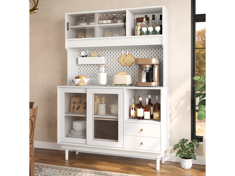  Buffet de cuisine avec 4 portes coulissantes en verre strié, 2 tiroirs, panneau perforé, en mdf, 117×30×170 cm, blanc  - Conforama C