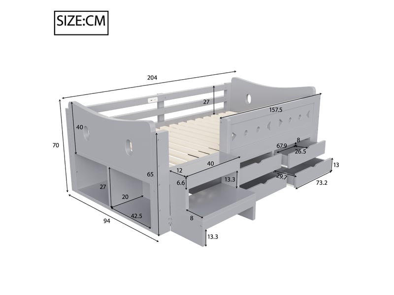  Lit enfant, 90x200 cm, avec rangements, tiroirs, barrières de sécurité, led, matelas non inclus, bois, coloris gris  - Conforama C