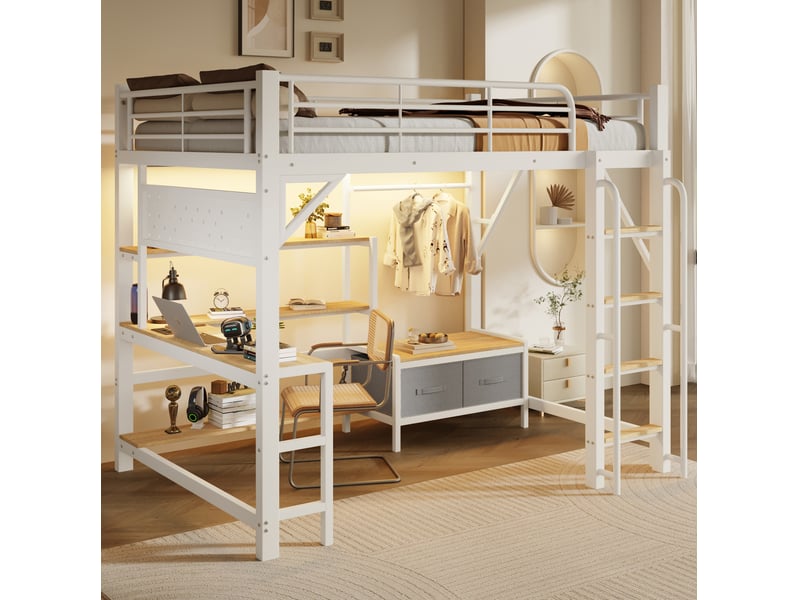  Lit mezzanine enfant 140 x 200 cm avec bureau, rangements, led et ports usb - blanc  - Conforama D