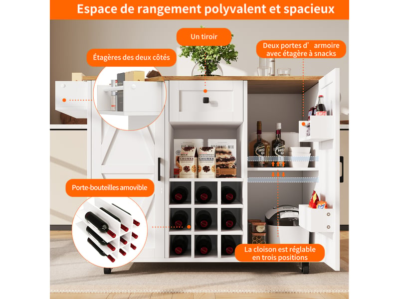 Îlot de cuisine mobile 137,5x40-65x95,6 cm avec plateau rabattable et grand rangement, roulettes, mdf, blanc - Conforama R