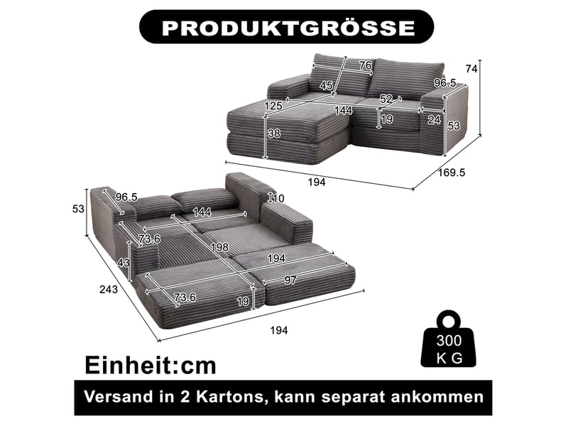  Canapé droit convertible 2 places en velours côtelé gris, modules libres et repose-pieds amovibles pour le salon  - Conforama C