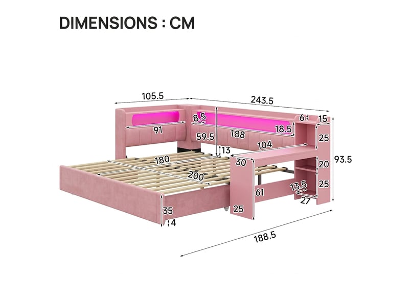 Lit gigogne extensible 90x200 à 180x200 rose avec bureau intégré et port usb sans matelas  - Conforama C