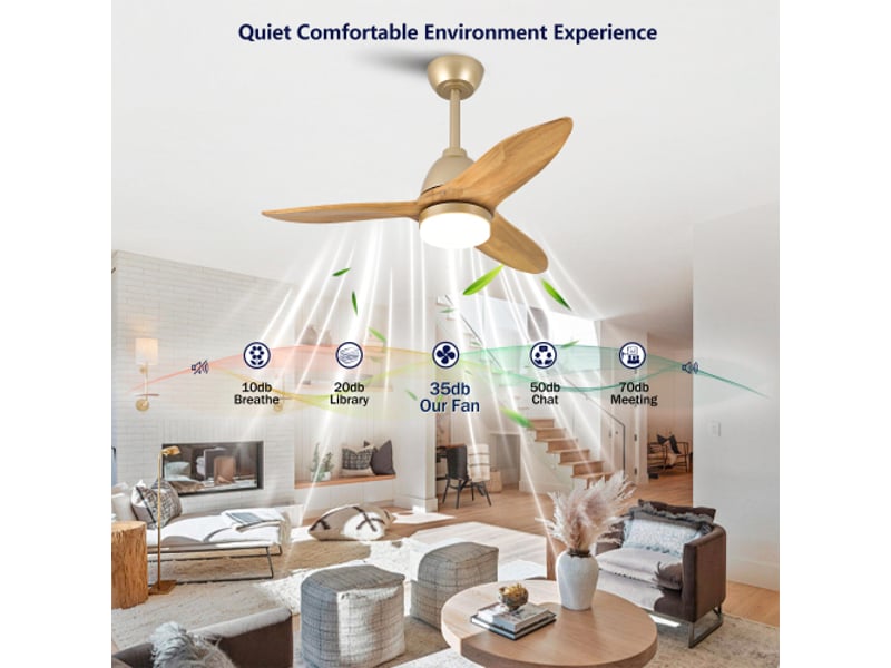  Ventilateur de plafond 36 pouces avec led, 3 pales en bois massif, moteur dc réversible, finition chêne doré  - Conforama D