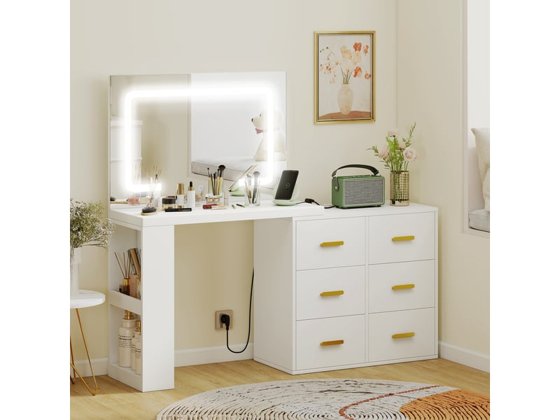  Coiffeuse de chambre avec miroir, éclairage led réglable, 6 tiroirs, 2 étagères et prises électriques, blanche  - Conforama C