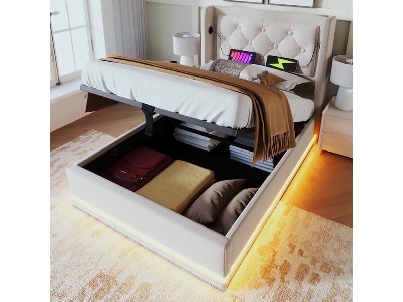 Lit coffre, lit simple en coton avec rangement hydraulique, usb, type-c et led 90x200 cm, sans matelas, beige - Conforama C