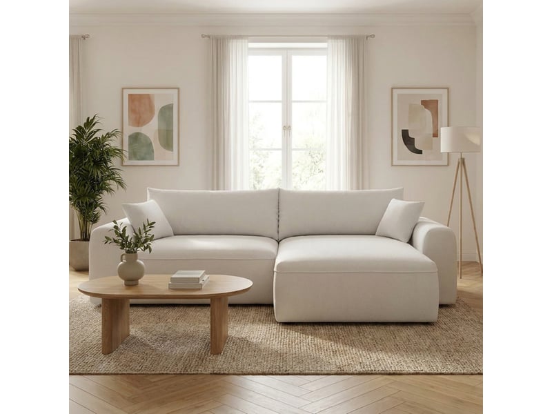  Canapé d'angle convertible beige 4 places tissu bouclé + coffre belair  - Conforama B