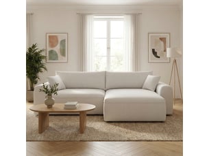 Canapé d'angle convertible beige 4 places tissu bouclé + coffre belair