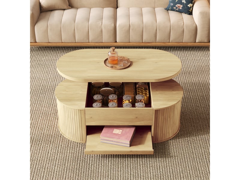  Table basse relevable, table basse avec côtés en bois incurvés, étagère coulissante, plateau relevable, meuble de salon multifonctionnel.  - Conforama B