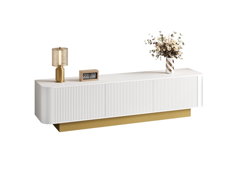  Meuble tv bas moderne avec rangement, gestion des câbles, design arrondi, façade texturée, meuble multimédia pour salon  - Conforama B