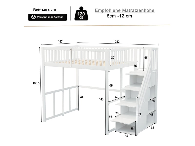  Lit mezzanine, 140x200 cm, lit en hauteur, avec échelle aménagée, garde corps, matelas non inclus, bois, coloris blanc  - Conforama C