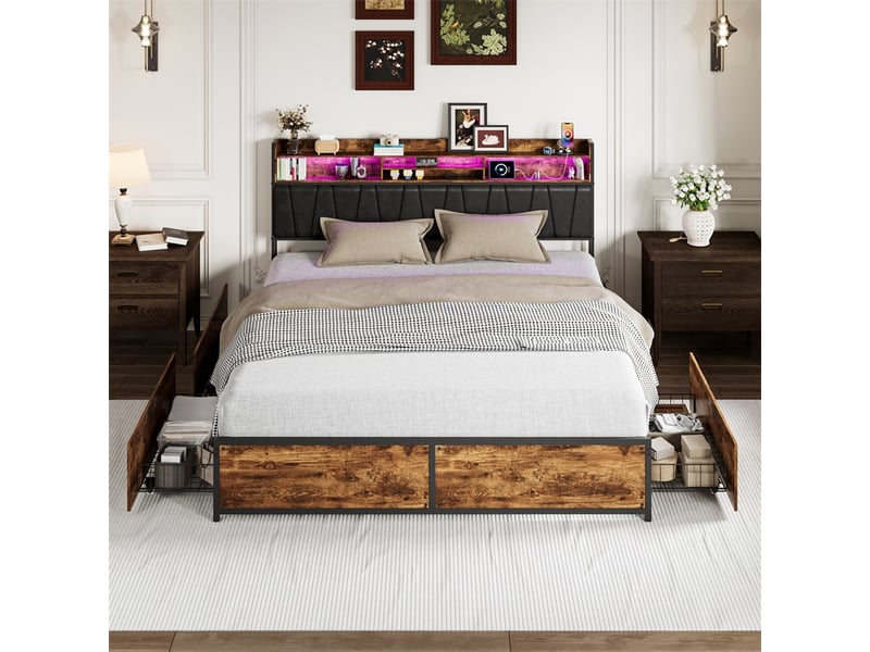  Lit 180x200cm - lit double 180x200cm - structure en métal avec 4 tiroirs, tête de lit à led et prises usb - noir et marron  - Conforama D