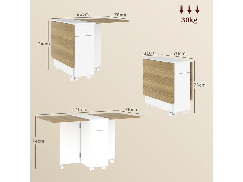 Table à manger pliable pour 6 personnes, table de cuisine sur roulettes avec 2 tiroirs 2 placards, 140x76x74cm, blanc  - Conforama E