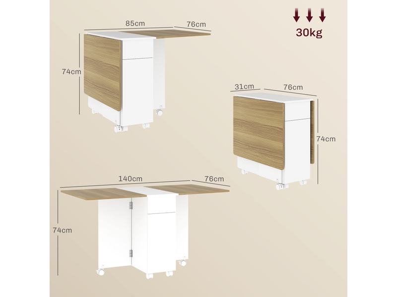  Table à manger pliable pour 6 personnes, table de cuisine sur roulettes avec 2 tiroirs 2 placards, 140x76x74cm, blanc  - Conforama E