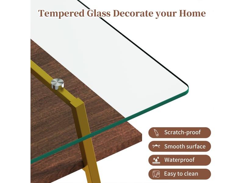  Table basse rectangulaire en verre trempé avec pieds métalliques - lpospi - mdf rose poudré et or, 98 × 58 × 42,5 cm  - Conforama E
