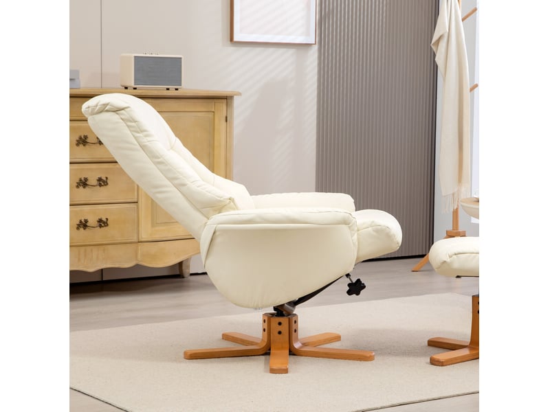  Fauteuil relax à bascule avec repose-pieds et dossier inclinable à 135°, en bois et similicuir blanc crème  - Conforama D
