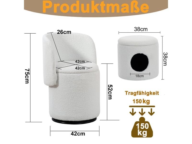 Fauteuil pivotant avec rangement en tissu teddy blanc 75 × 42 × 52 cm - Conforama C