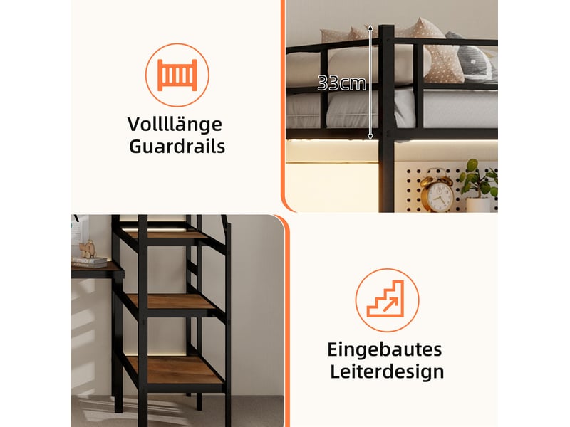  Lit mezzanine 90x190 cm, lit enfant, bureau en l, étagère, escalier de rangement, garde-corps, métal noir, sans matelas  - Conforama D