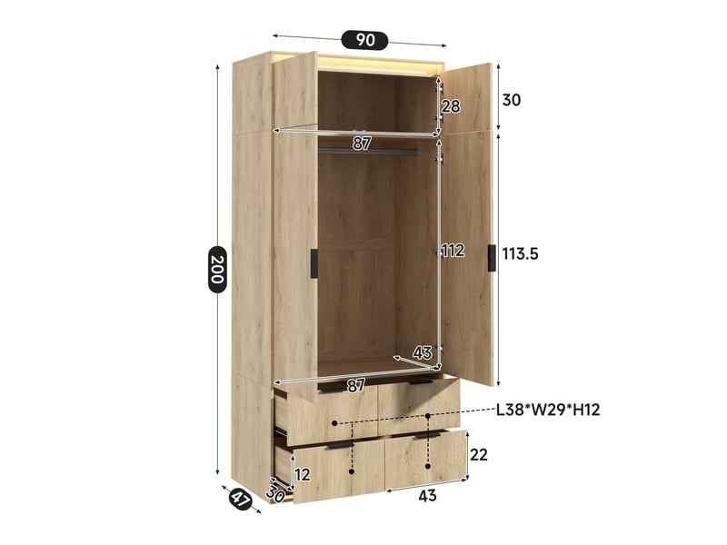 Armoire de chambre 90x47x200 cm, armoire penderie avec miroir et éclairage led, 2 portes et 4 tiroirs, en mdf, chêne - Conforama E