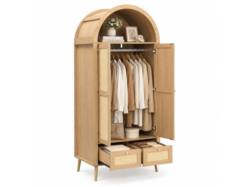 Armoire 2 portes 2 tiroirs en mdf bois clair et résine tressée beige, 80 x 55 x 180 cm, avec tringle et niche ouverte - Conforama A