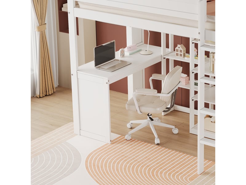  Lit étagé enfant 90x200cm blanc, structure pin mdf contreplaqué, bureau, penderie, rangements et échelle  - Conforama C