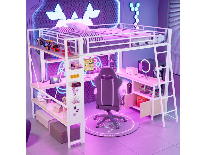  Lit mezzanine 140 x 200 cm, structure métal, led, bureau, étagères, panneau perforé, usb, sans matelas, blanc  - Conforama C