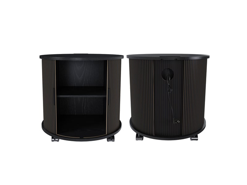  Table de chevet modèle cylinder 60 cm, noir, station de charge usb, prise, porte inclinée, roulettes  - Conforama E