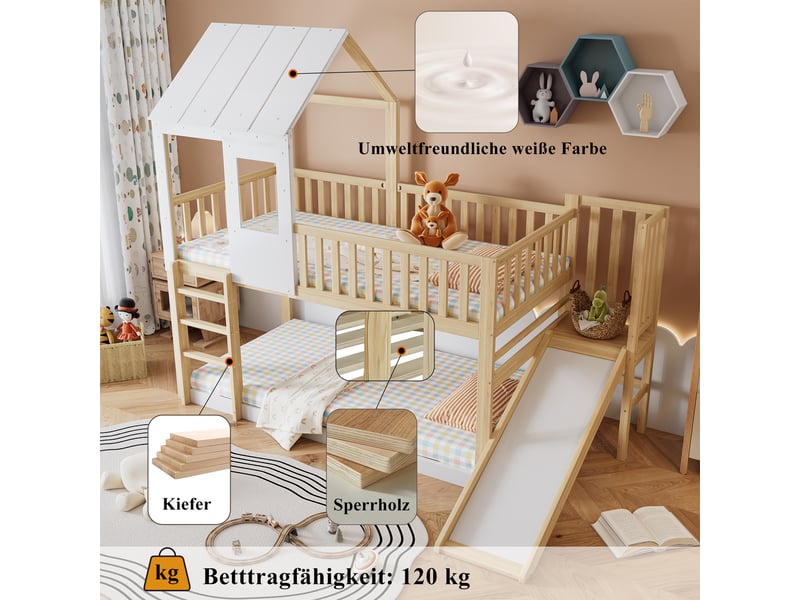  Lit cabane naturel et blanc 90x200 cm en pin, toboggan avec plateforme, échelle à 3 marches, toit, fenêtre et barrières  - Conforama E