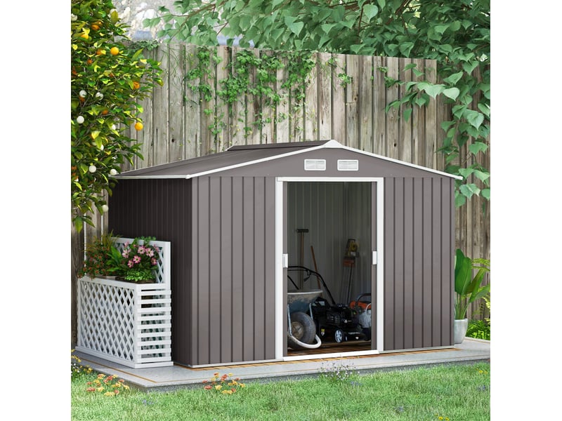  Abri de jardin métallique 277x195x192 cm – gris – 2 portes coulissantes pour outils et équipements  - Conforama B